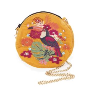embroidered mustard toucan bag