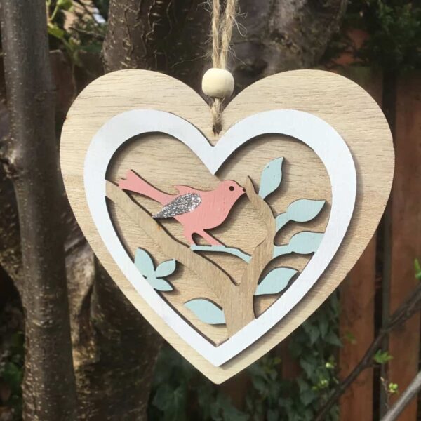 wooden easter heart decoration birdie