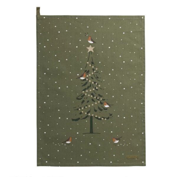 Robin On Christmas Tree Tea Towel